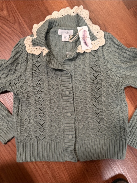 Jessica Simpson Sweaters - Jessica Simpson Sage Green Cable-Knit Button Cardigan with Cream Lace Trim